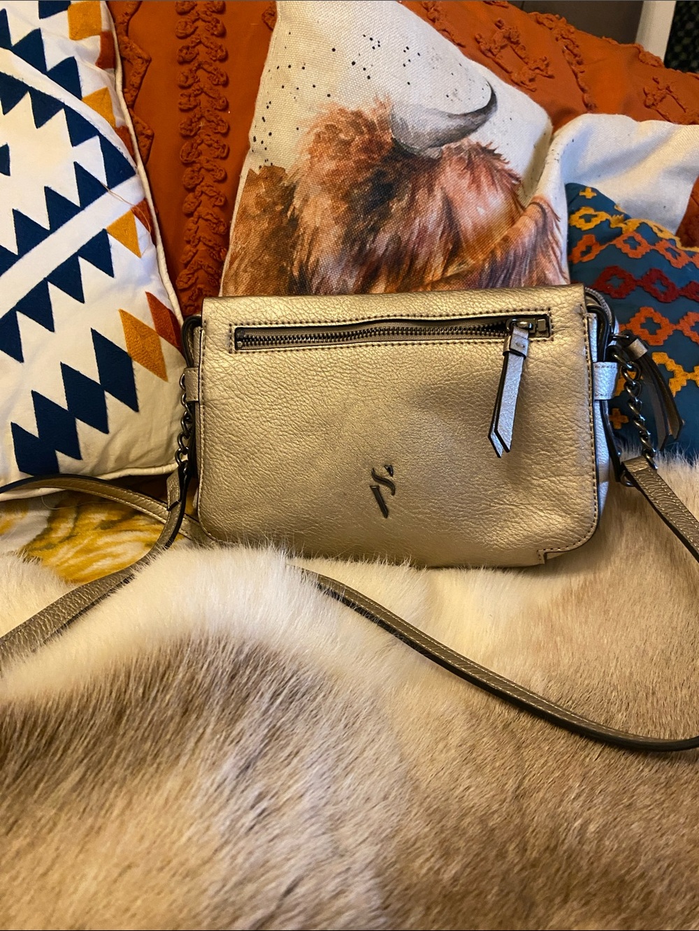 Simply Vera Metallic Gold Crossbody Bag and gunmetal hardware